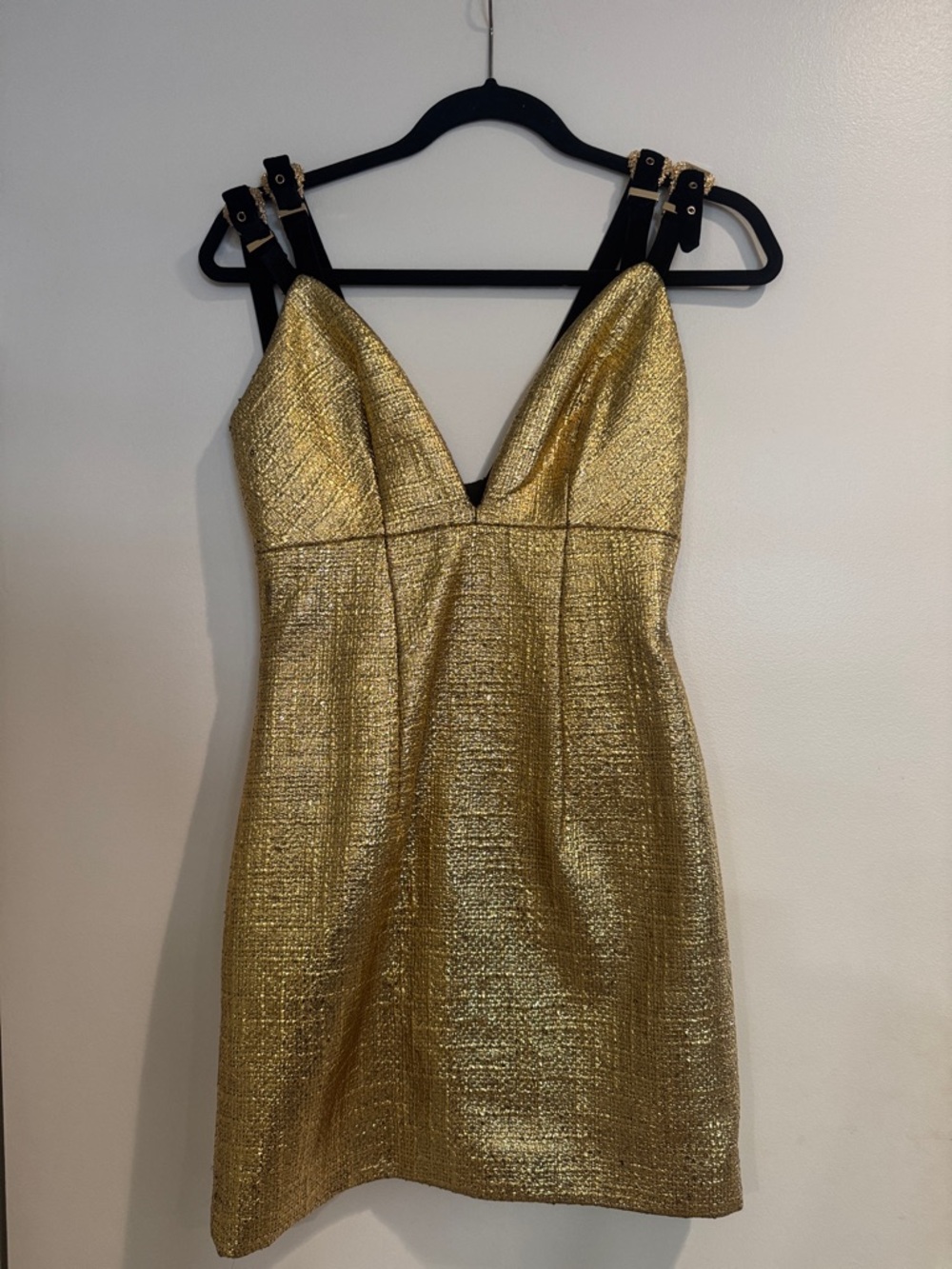 Versace Jeans Couture Metallic Gold Mini Dress with Buckle-Strap Shoulders